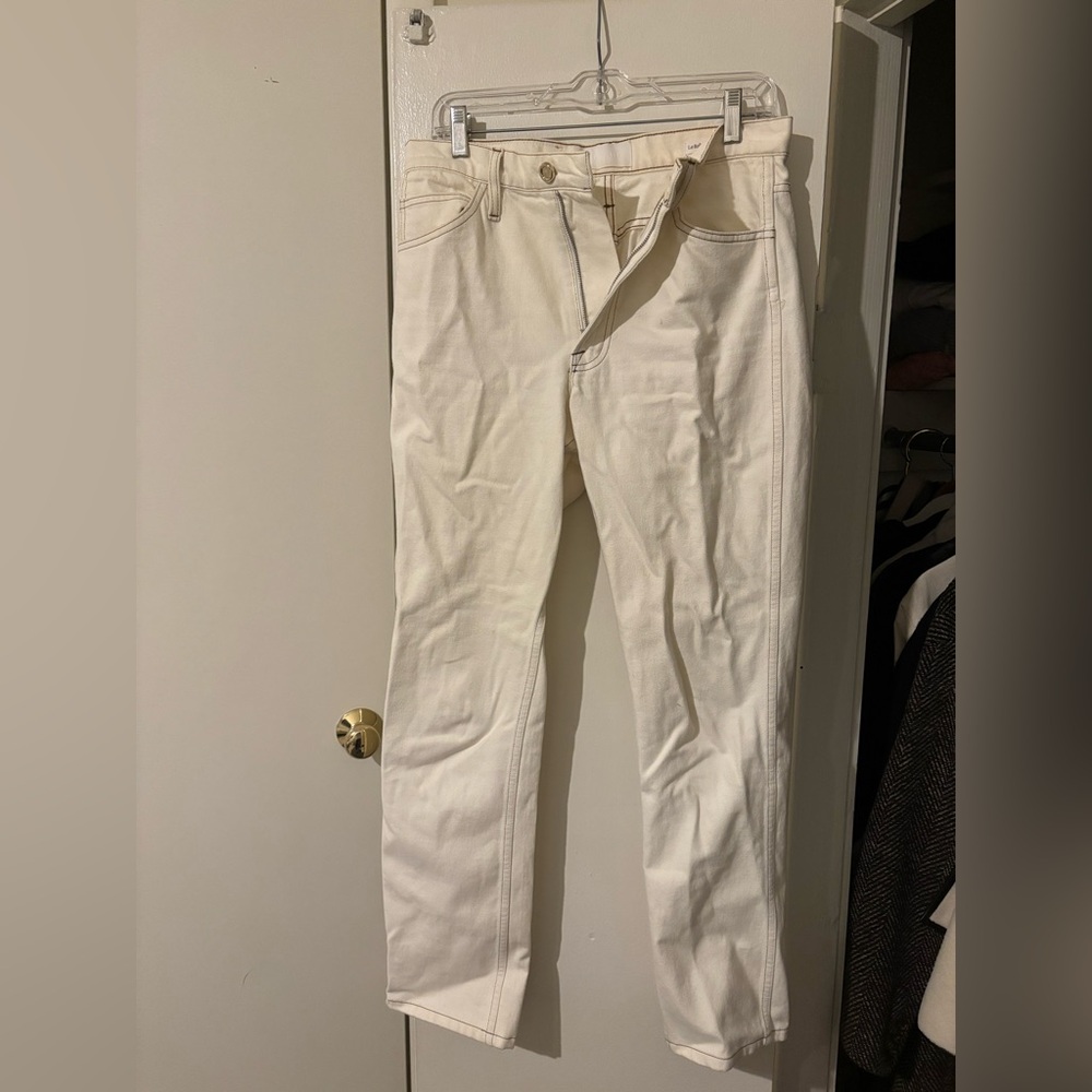 Frame straight leg white jeans with brown stitching